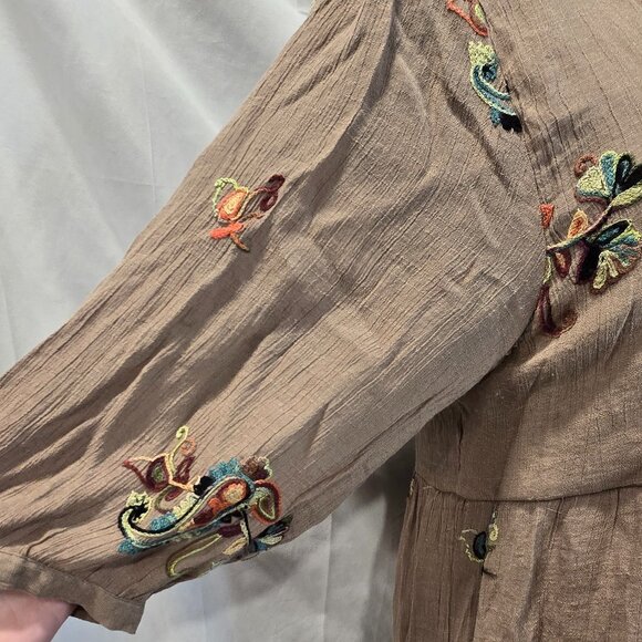 Fig & Flower Flowy Brown Dress Size Large Embroidered Paisley Sea Shell Buttons - Picture 5 of 12